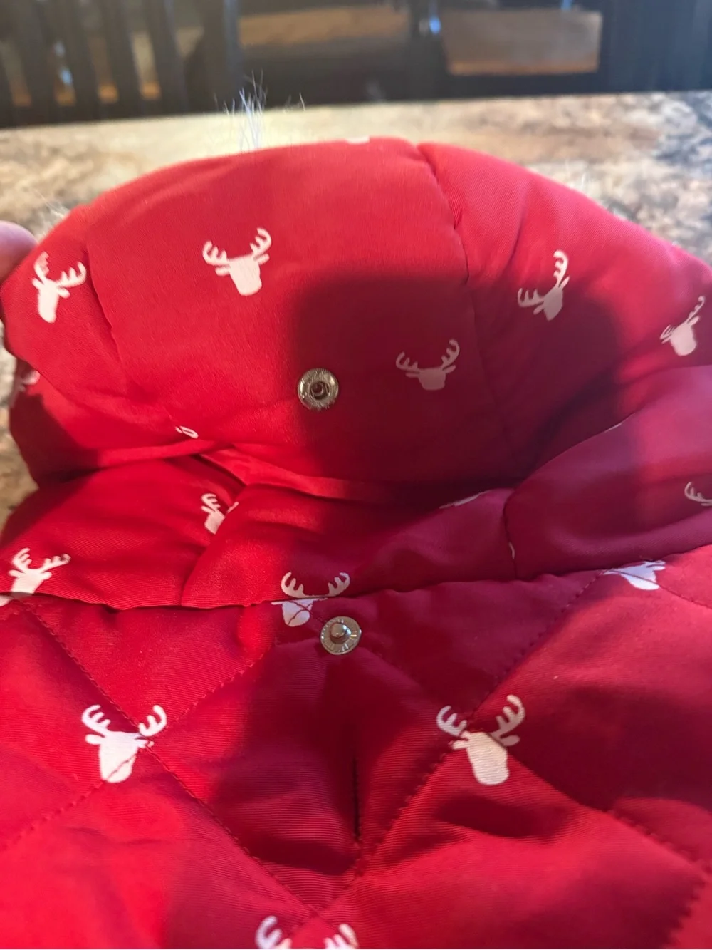 Red Quilted Dog Coat with Faux Fur Hood and Buffalo Plaid Lining